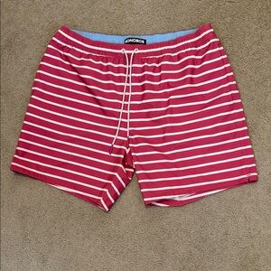 Bonobos Men's Swim Trunks with Muted Red and White stripes